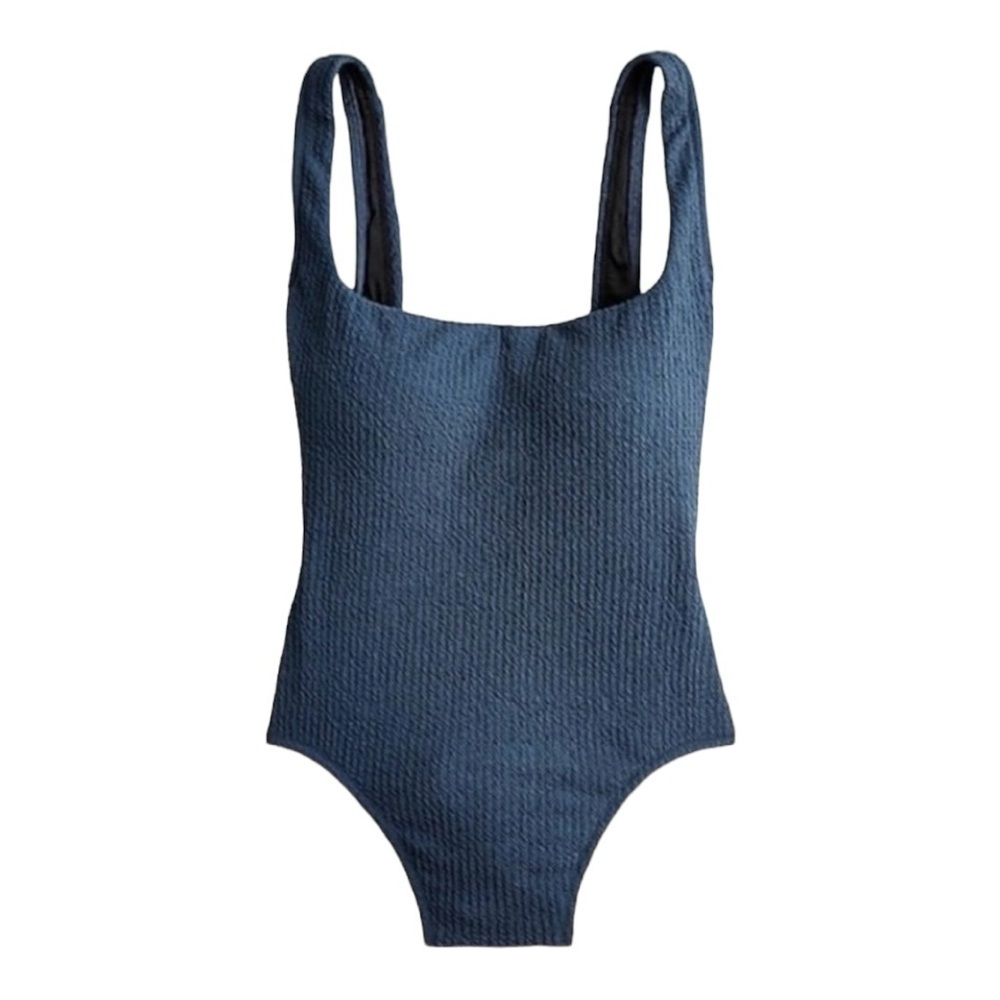 J Crew Navy Textured Squareneck High Cut Leg OnePiece Swimsuit Size 24 NEW Plus